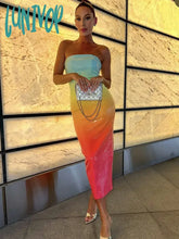 Lunivop Women Luxury Sexy Strapless Backless Mesh Sequins Gradient Bodycon Gowns Dress Elegant